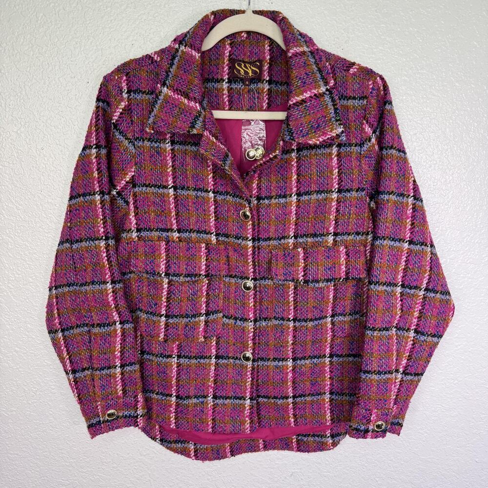 SSYS The Label Jacket Womens Small Carrie Magenta Tweed Plaid Gold Button Preppy - Picture 1 of 10